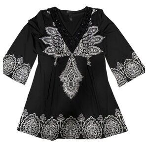 INC International Concepts Womens Black White Top M Beaded Bell Sleeve Stretchy